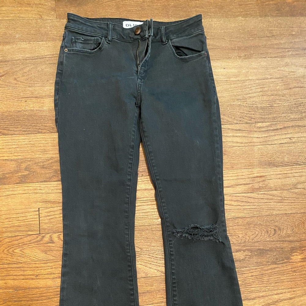Low rise black cropped distressed flare jeans